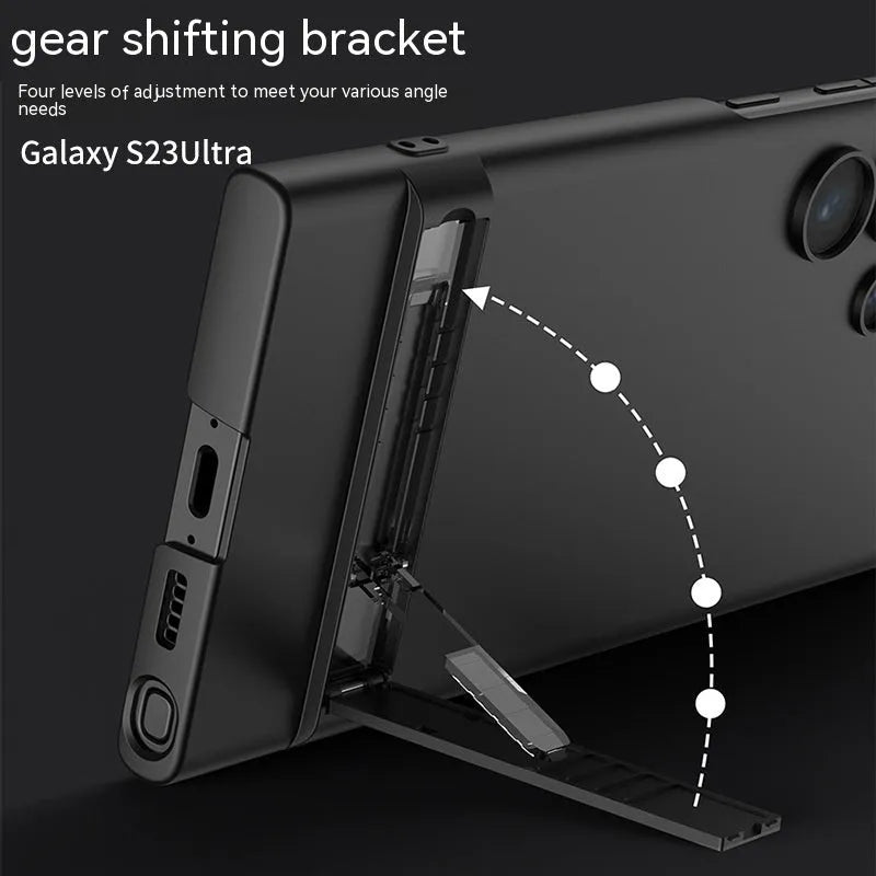 Ultra-thin frosted PC Samsung S23 phone case with built-in bracket in cool black, dark night green, dream purple, and elegant silver