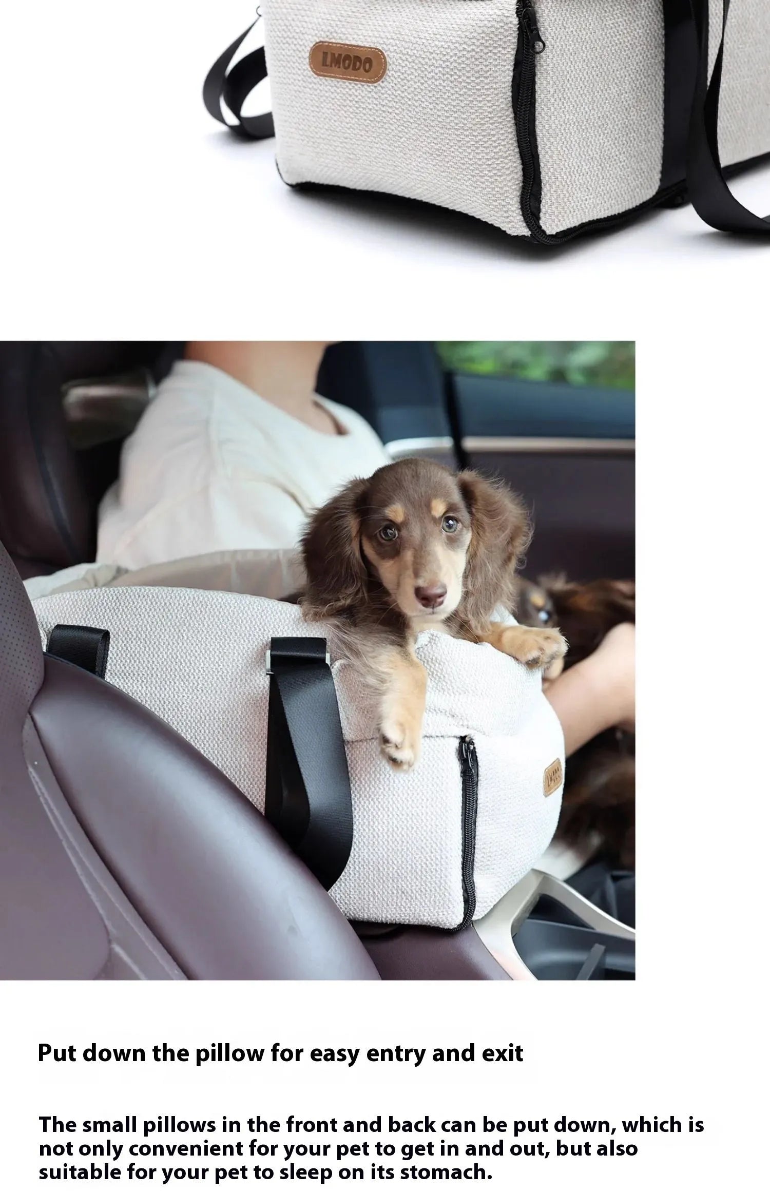 Beige polyester pet car nest and diaper bag with dimensions 23x20x40 cm