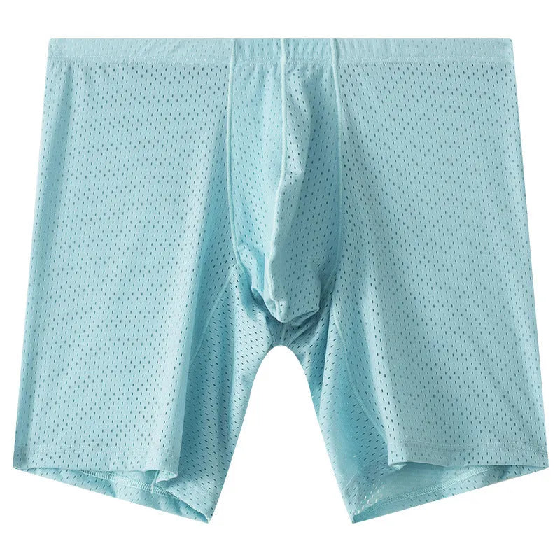 Men's nylon mesh boxer shorts in transparent lengthened design, mid-waist sports underwear, sizes M to XXL.