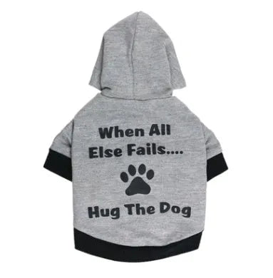 Printed Hug The Dog cotton dog t-shirt in Hemp gray black side on a light background