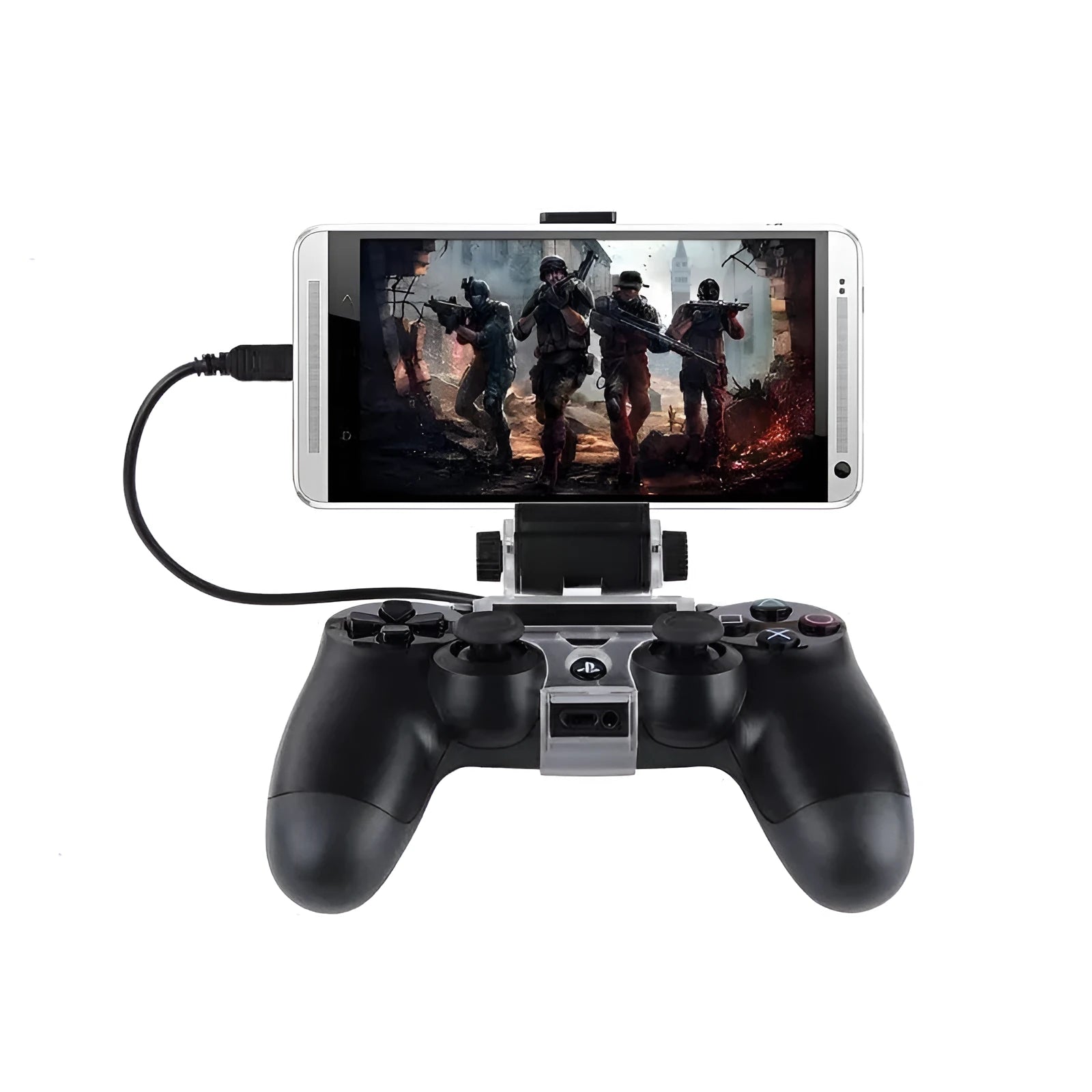 Black PS4 controller phone clip holding a mobile phone, with an OTG USB cable connected