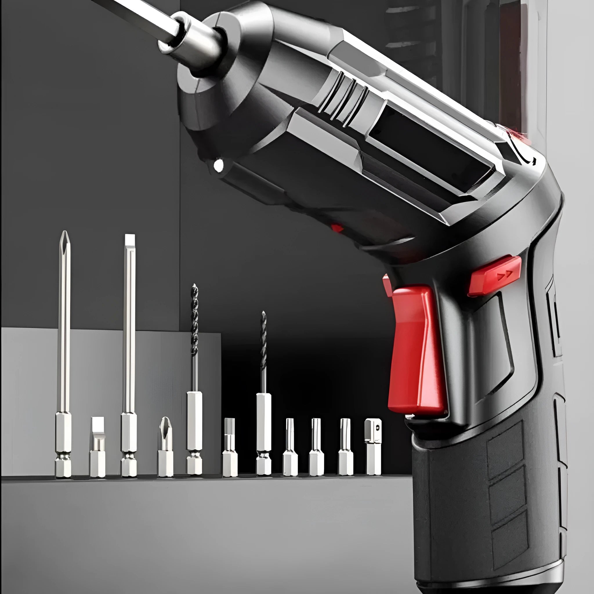 Cordless electric screwdriver tool with lithium battery, presented in a strong fabric utility bag.