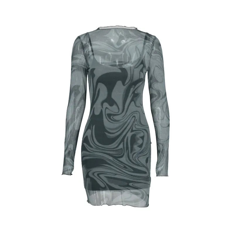 Black mesh halter print bodycon dress two-piece set with sheer long sleeve pullover top and short skirt