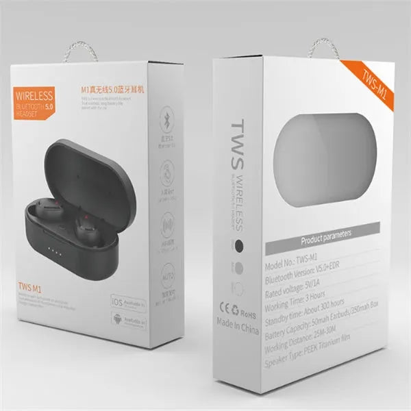 M1 wireless Bluetooth headset in black or white colours with bilateral earbud design