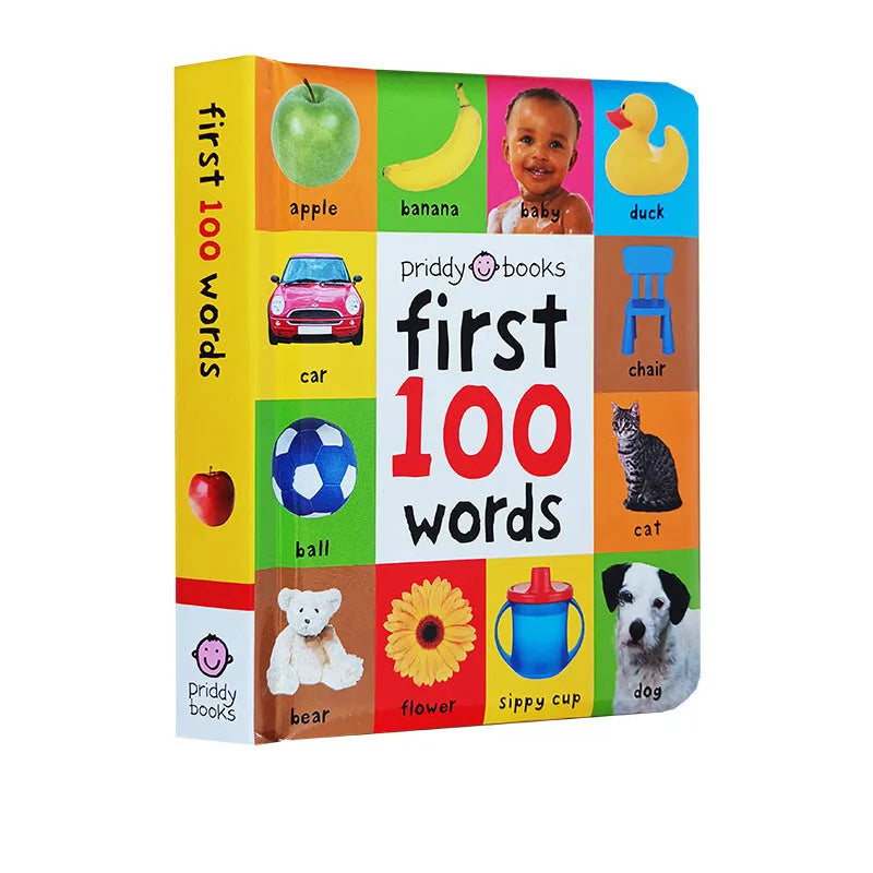 Red hardcover cardboard book for children with English vocabulary content