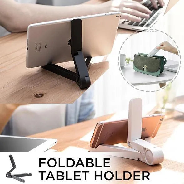 Black foldable tablet holder standing upright with a tablet in landscape mode on a desk