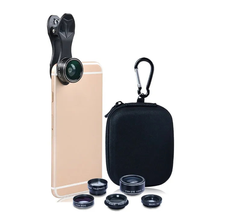 Universal 5-in-1 clip-on smartphone lens kit with fisheye, wide-angle, macro, telephoto, and CPL lenses on a black background.
