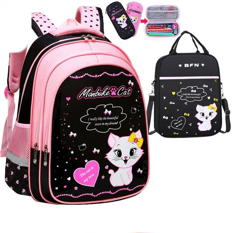 Kids school backpack with cute cat print in nylon, waterproof and load-reducing design, available in large or small sizes