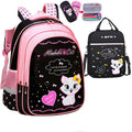 Kids school backpack with cute cat print in nylon, waterproof and load-reducing design, available in large or small sizes