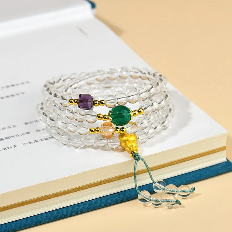 White crystal 108-bead rosary bracelet necklace with geometric beads in ethnic style
