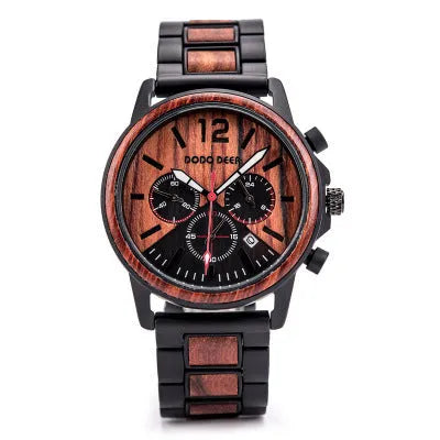 Custom engrave logo wood watch for men with natural solid wood case and stainless steel strap on brown background
