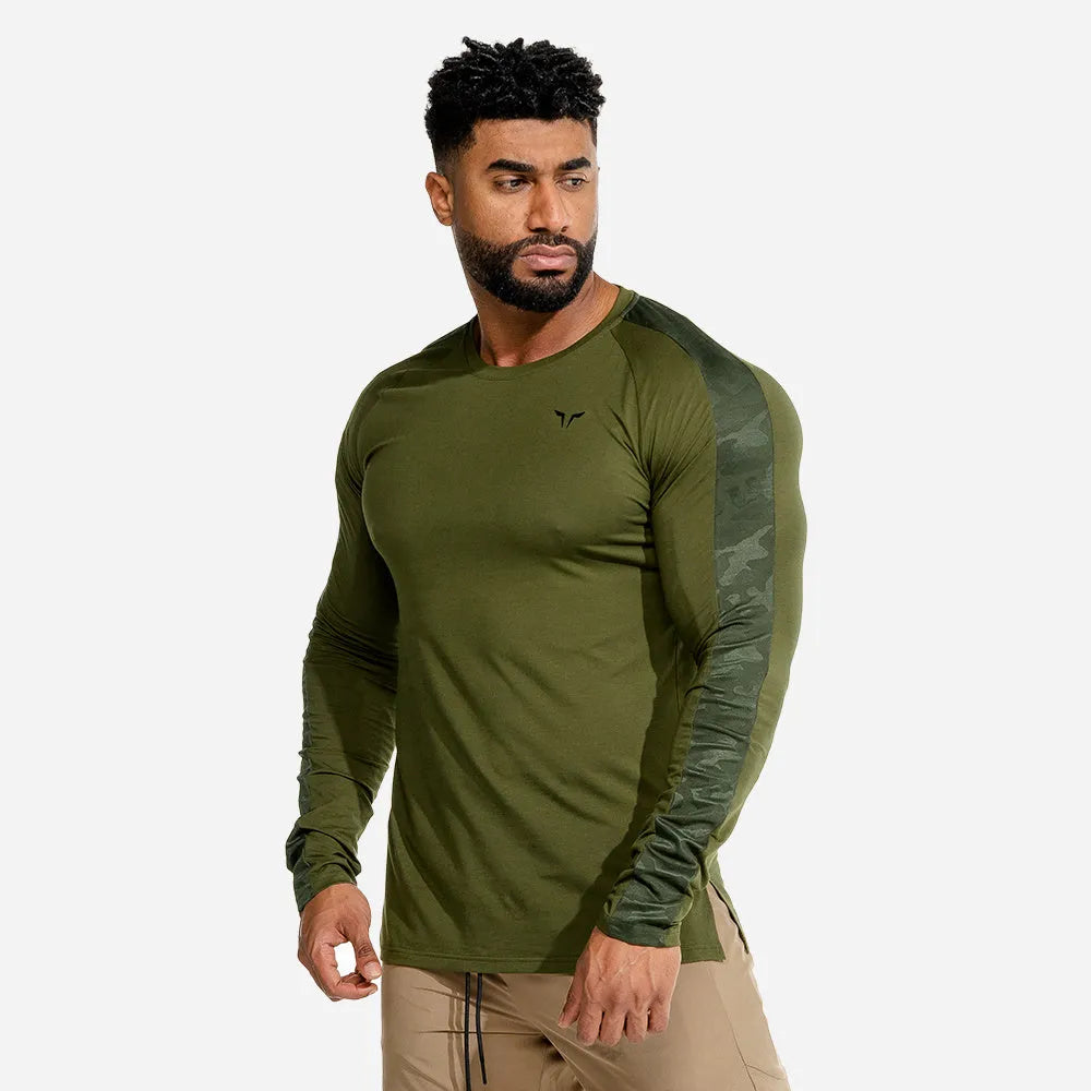 Men's round neck polyester running top in Army Green with size options L M XL XXL