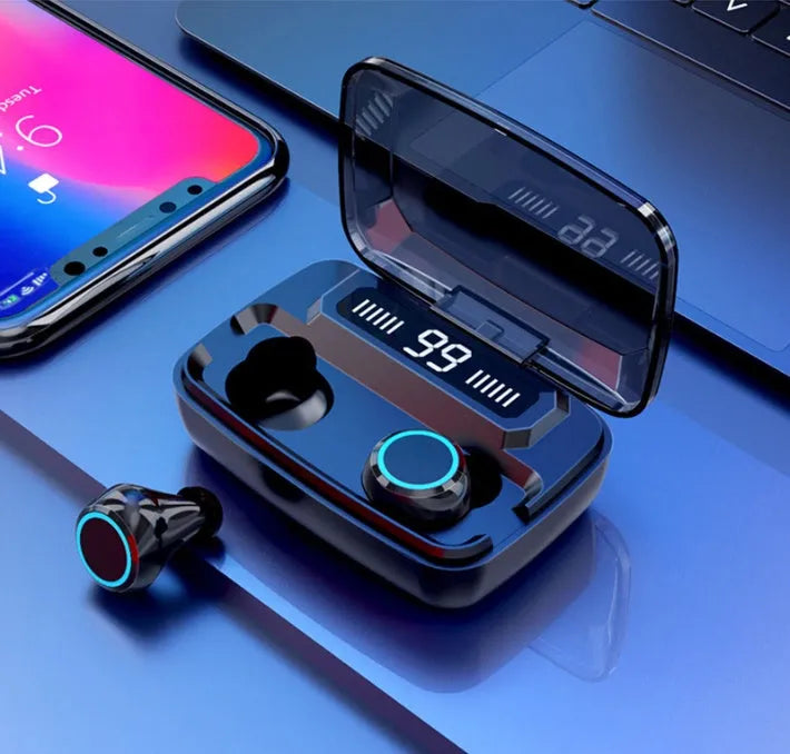 M11 5.0 Bluetooth headset in black with IPX7 waterproof rating and 1200mAh charging case