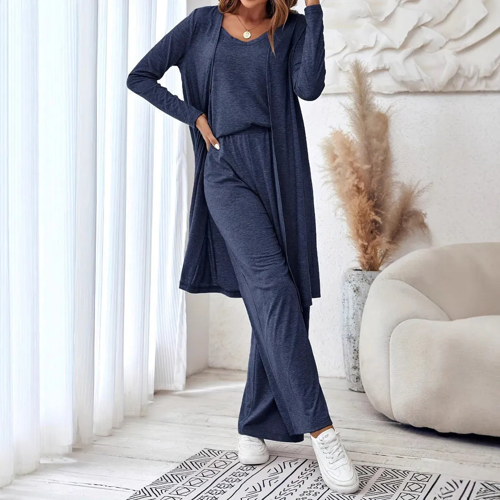 Blue women's casual suit set with cardigan top and trousers in Japanese Korean style