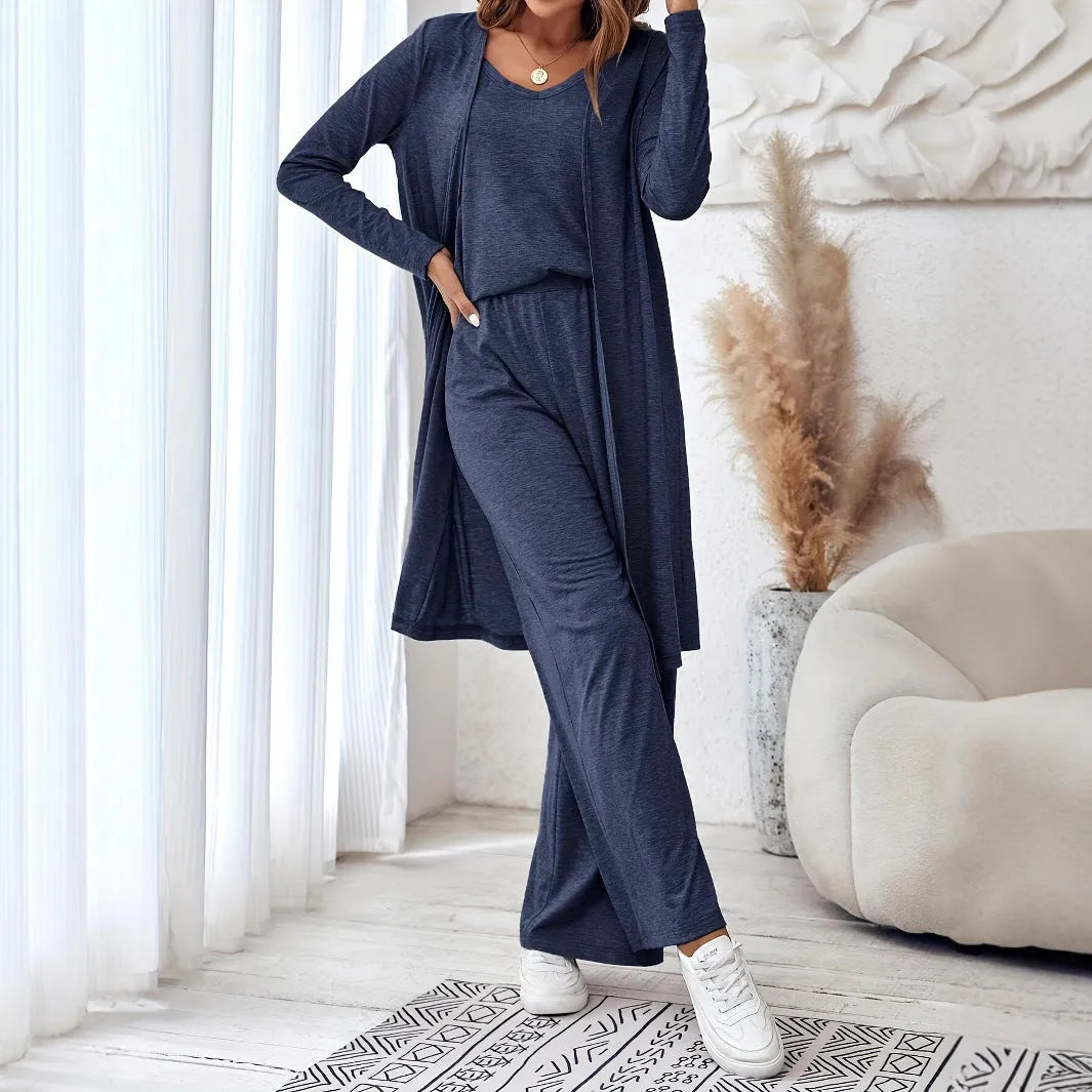 Blue women's casual suit set with cardigan top and trousers in Japanese Korean style