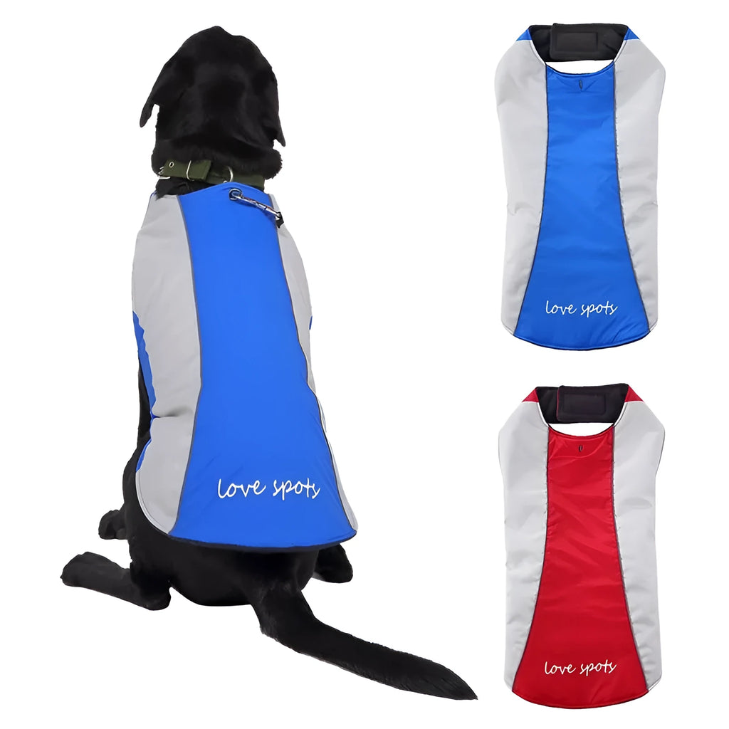 Winter dog coat for large breeds in blue or red, polyester, night reflective, sizes S to 2XL