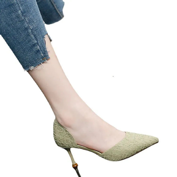 Women's black pointed-toe stiletto high-heel shoes with PU leather upper.