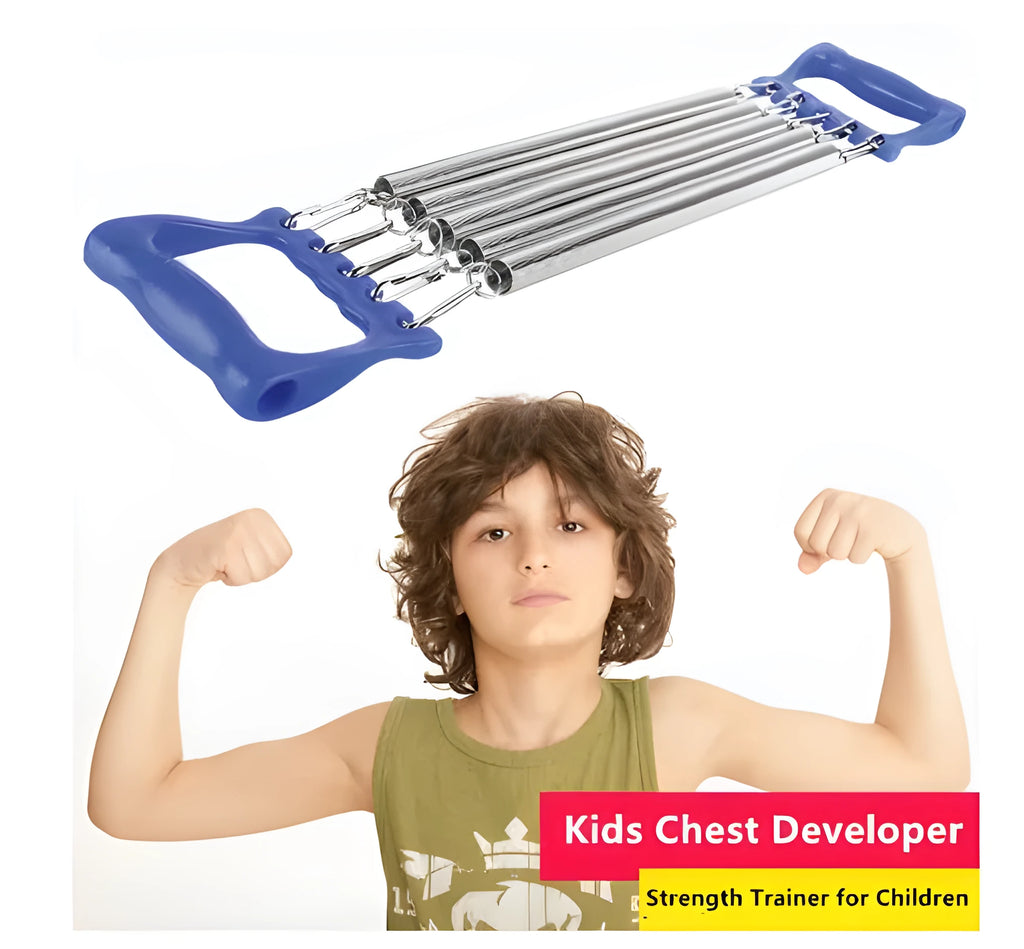 Chest expander training exercise equipment with carbon spring and ABS plastic handles in blue, green, and red colours