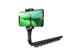 Black flexible rubber phone holder with suction cup base bent into an arc shape