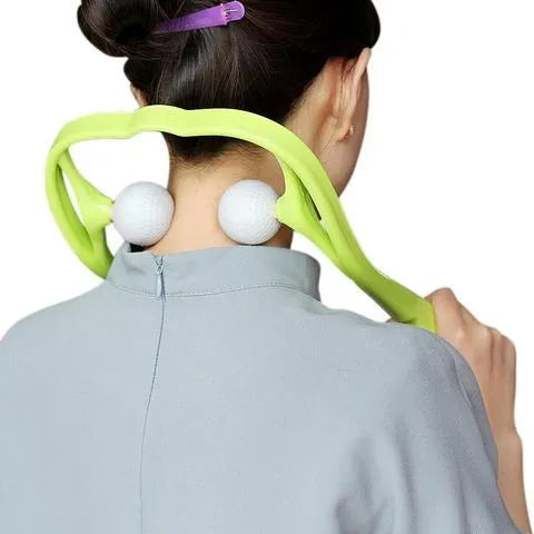 Blue plastic neck massager hand roller with adjustable stand and 3D floating massage points.