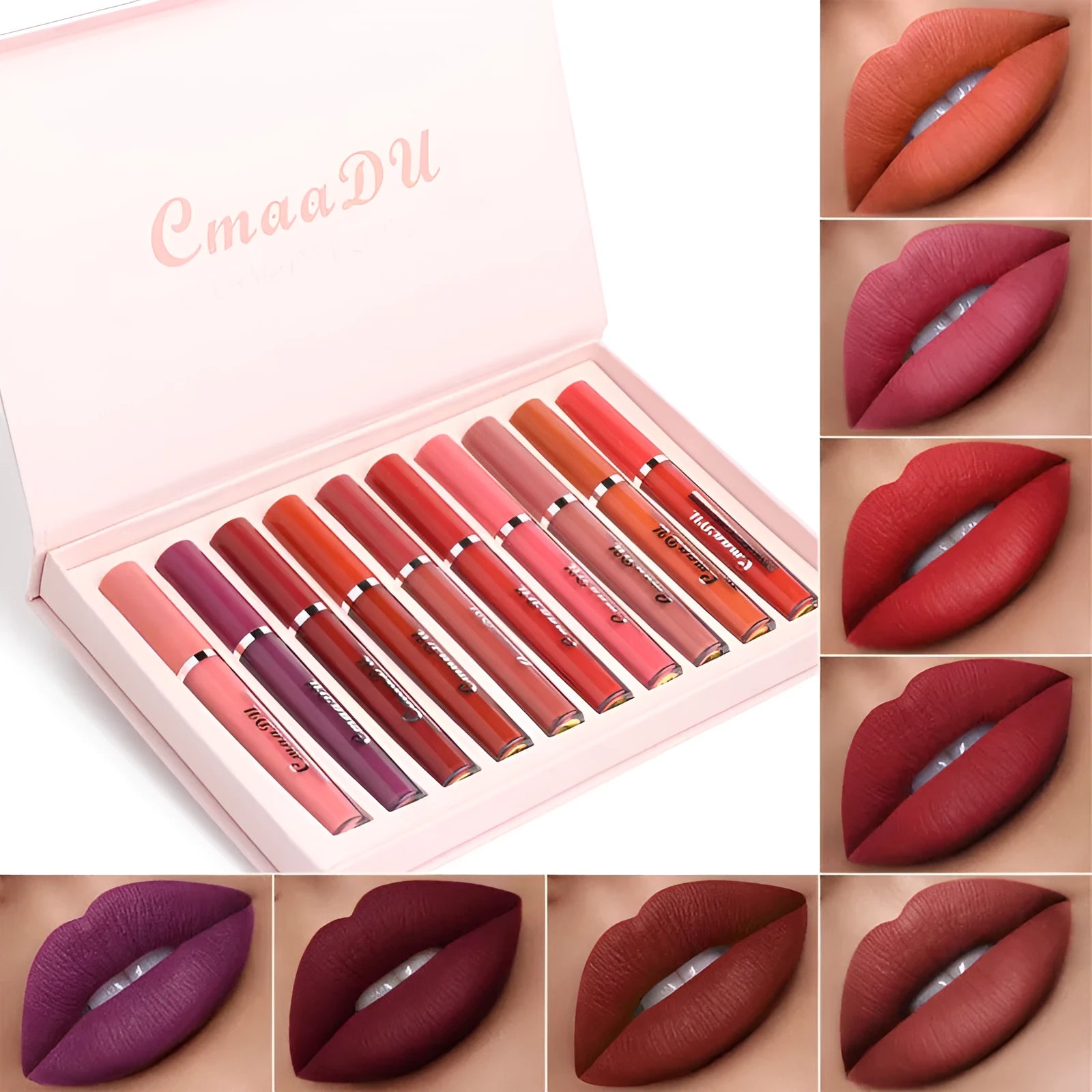 Set of 10 waterproof matte lipstick sticks in non-stick cup formula