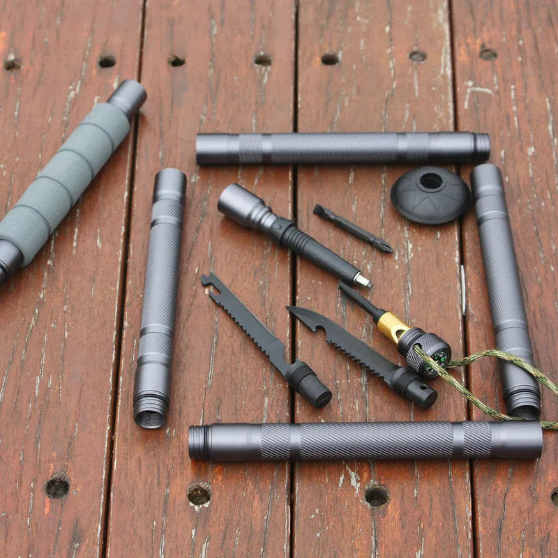 Dark grey adjustable aluminium alloy trekking pole with tactical knife and multi-tool accessories