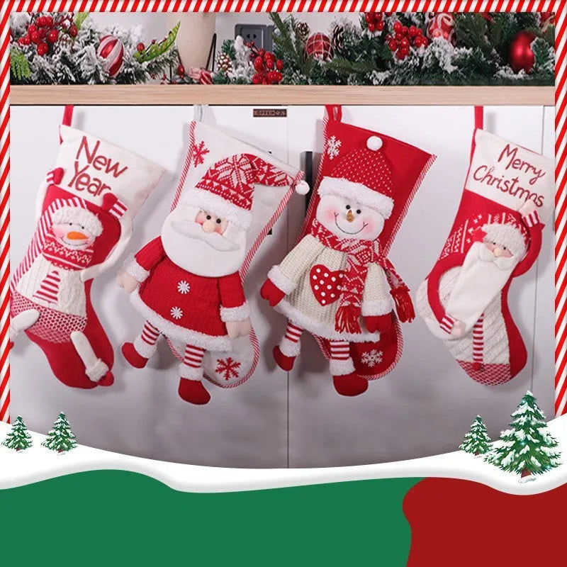 Red and white cloth Christmas stocking candy sock, 45x26 cm, with snowman and elderly sock style options.