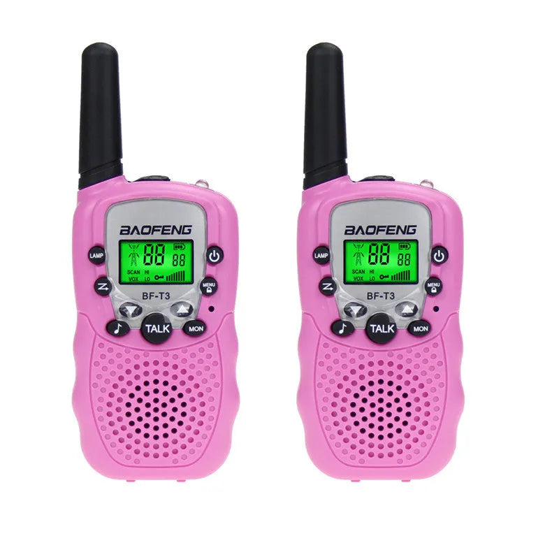 Children's handheld walkie talkie set in multiple colours showing front display and antenna