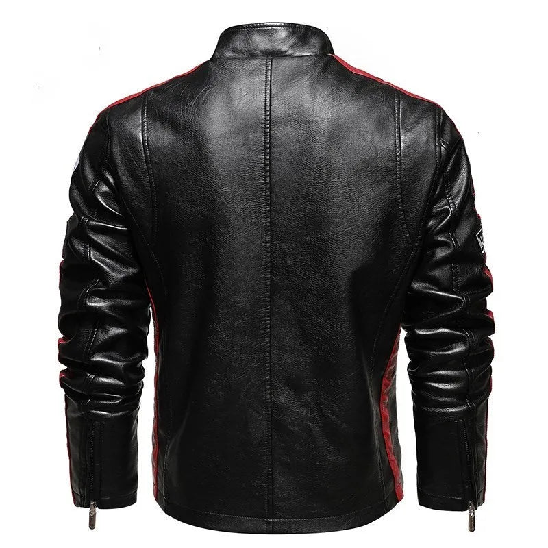Men's black PU leather slim-fit embroidered jacket with stand-up collar and zipper front