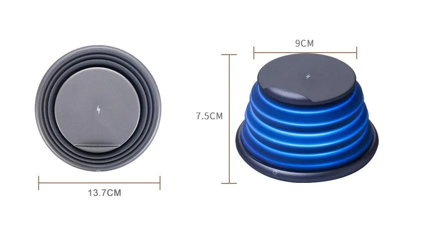 Grey wireless charging pad on a desk, 138x138x30mm, with silicone top surface and LED indicator