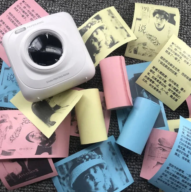 Mini Bluetooth thermal printer in white, pink or blue, 79x42x79mm, for phone photos and labels