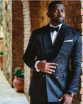 Men's retro three-piece wedding suit with green fruit collar, double-breasted coat, vest, and trousers in polyester.