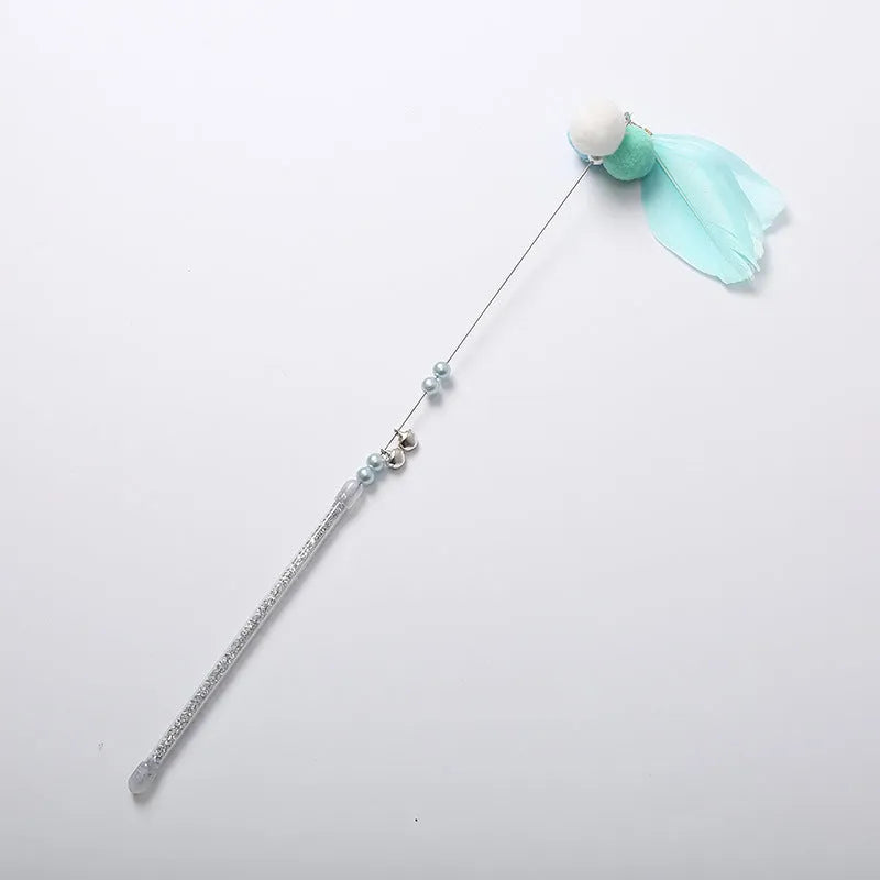 Funny cat stick with plush goldfish head, steel wire wand, plastic handle, 35cm long, grey blue or pink