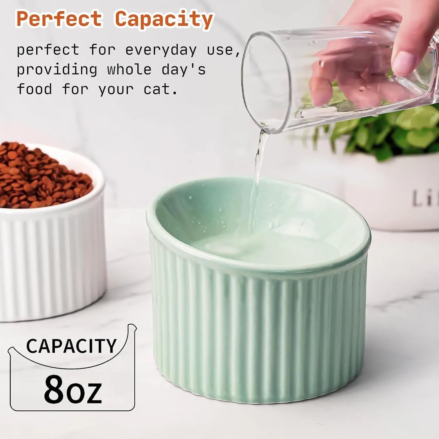 Dark green ceramic raised cat bowl with tilted design on a wooden surface.