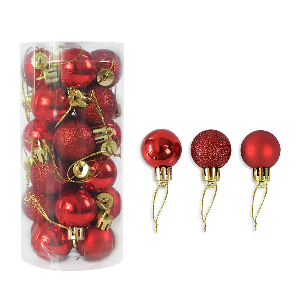 Assortment of shiny matte red, gold, and silver 3cm Christmas baubles spilling from a decorative barrel.