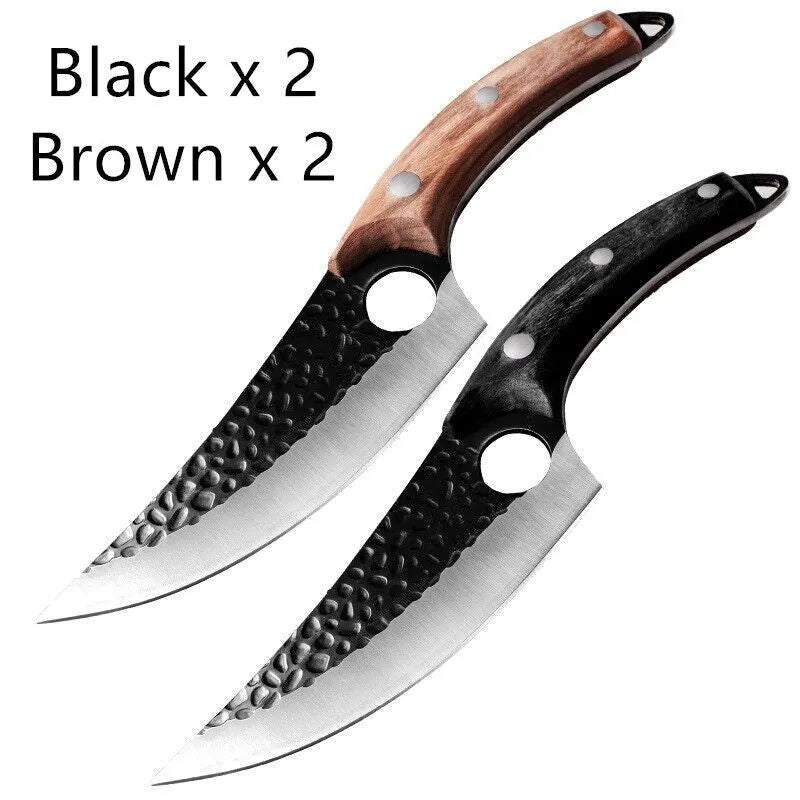 Forged boning knife set with curved scimitar blade and leather sheath on a dark surface.