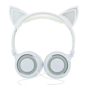 LED cat ear headphones showing illuminated blue ears and cushions on a black headband