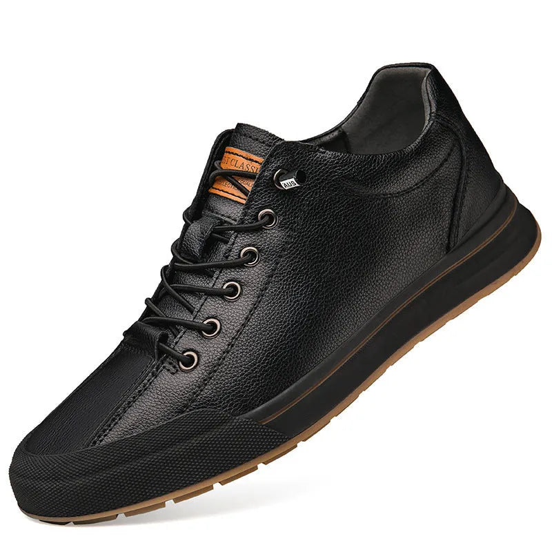 Men's white matte leather casual shoes with round toe and flat heel.