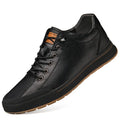 Men's white matte leather casual shoes with round toe and flat heel.
