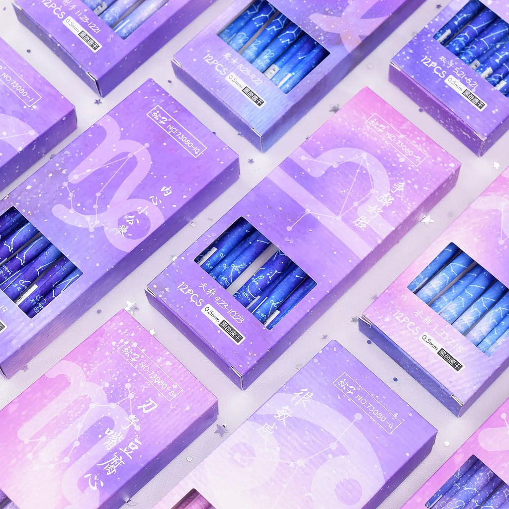 Box containing twelve constellation themed quick-drying gel pens for office use