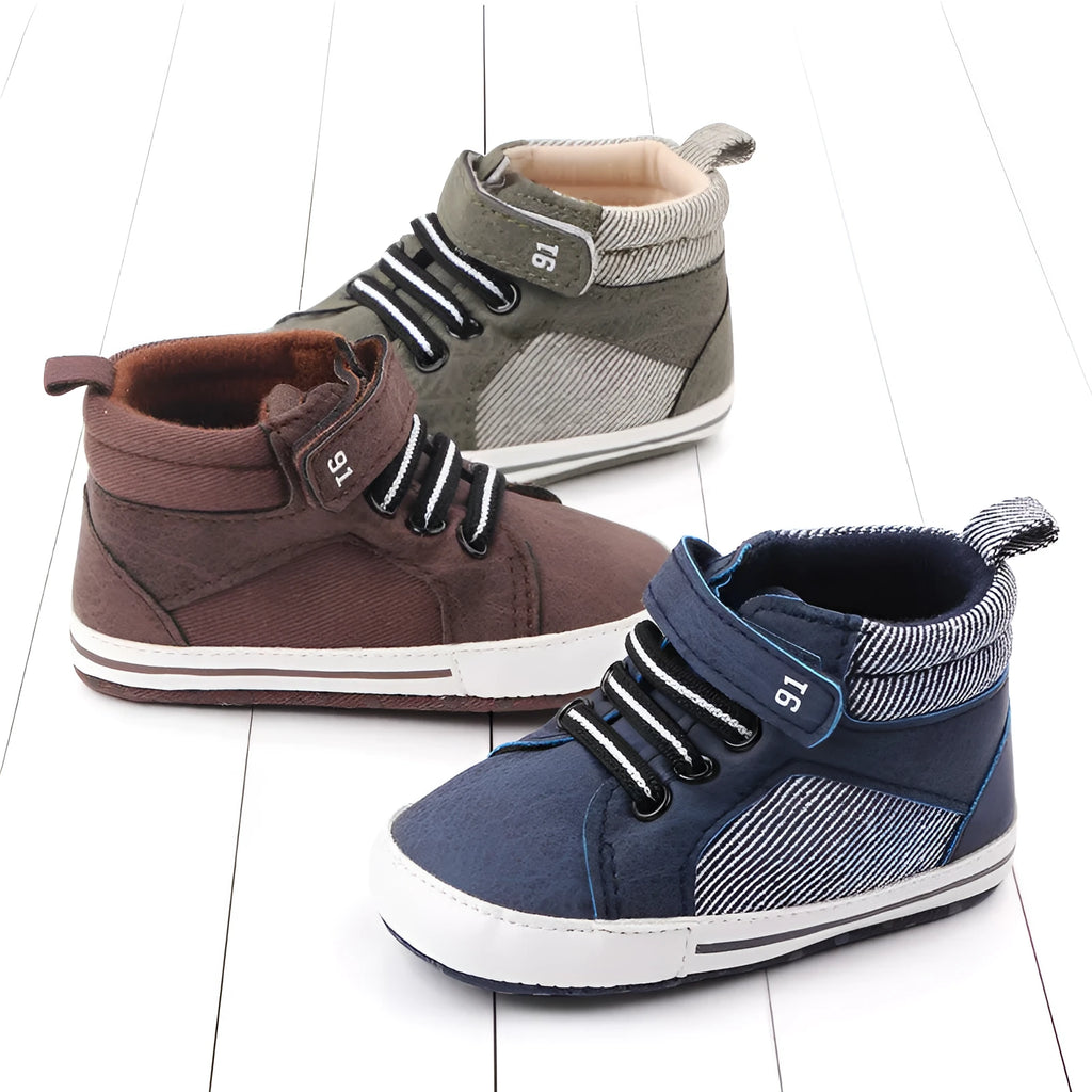 Blue cotton high-top toddler shoes with Velcro straps for boys