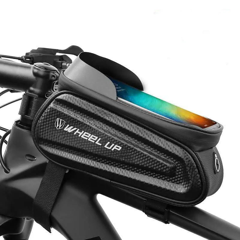 Black and grey EVA bicycle handlebar bag with reflective strips mounted on bike.