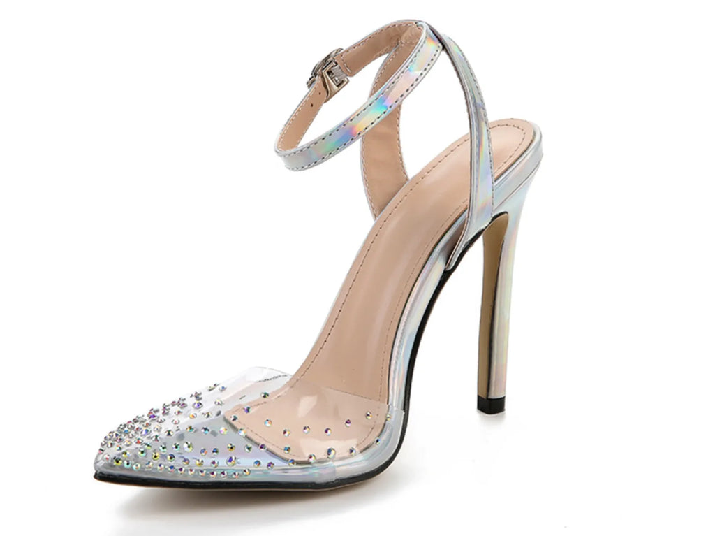 Women's pointed toe sandals with diamond pattern and stiletto heel on a white background.