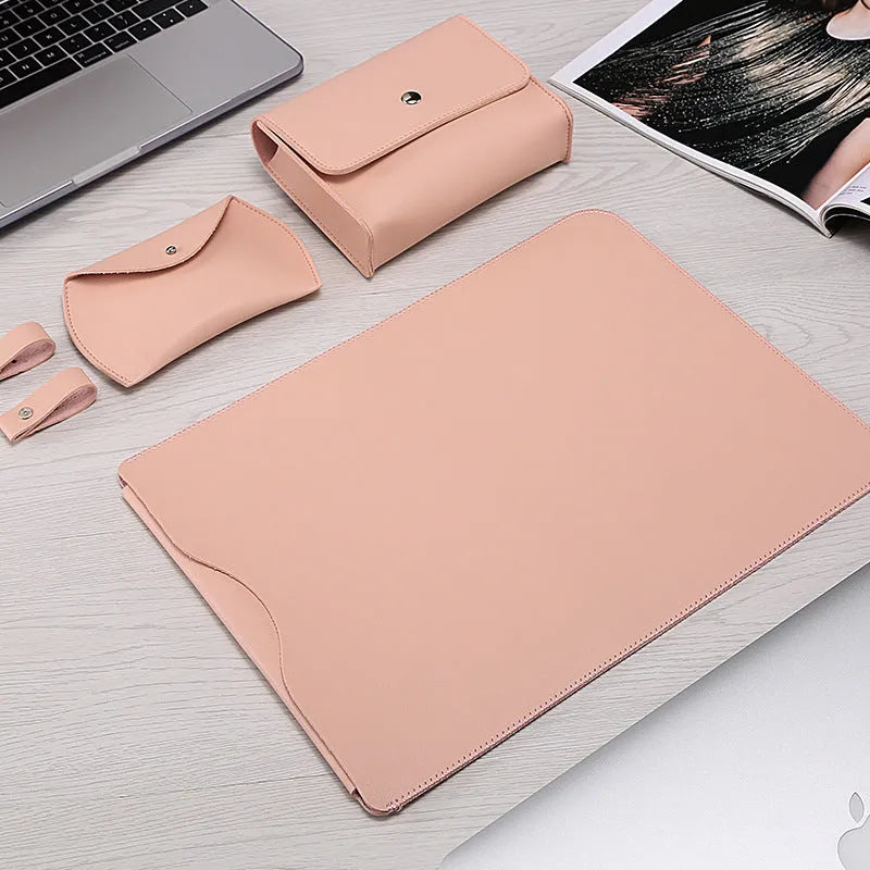 Four-piece PU laptop liner bag set for MacBook with power supply bag, mouse bag, and cable winder in Apricot