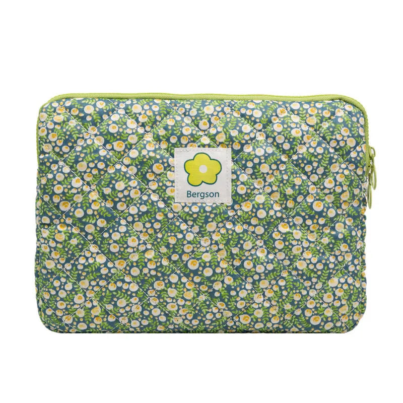 Cotton handbag for tablet with zipper in green flower pattern on white background