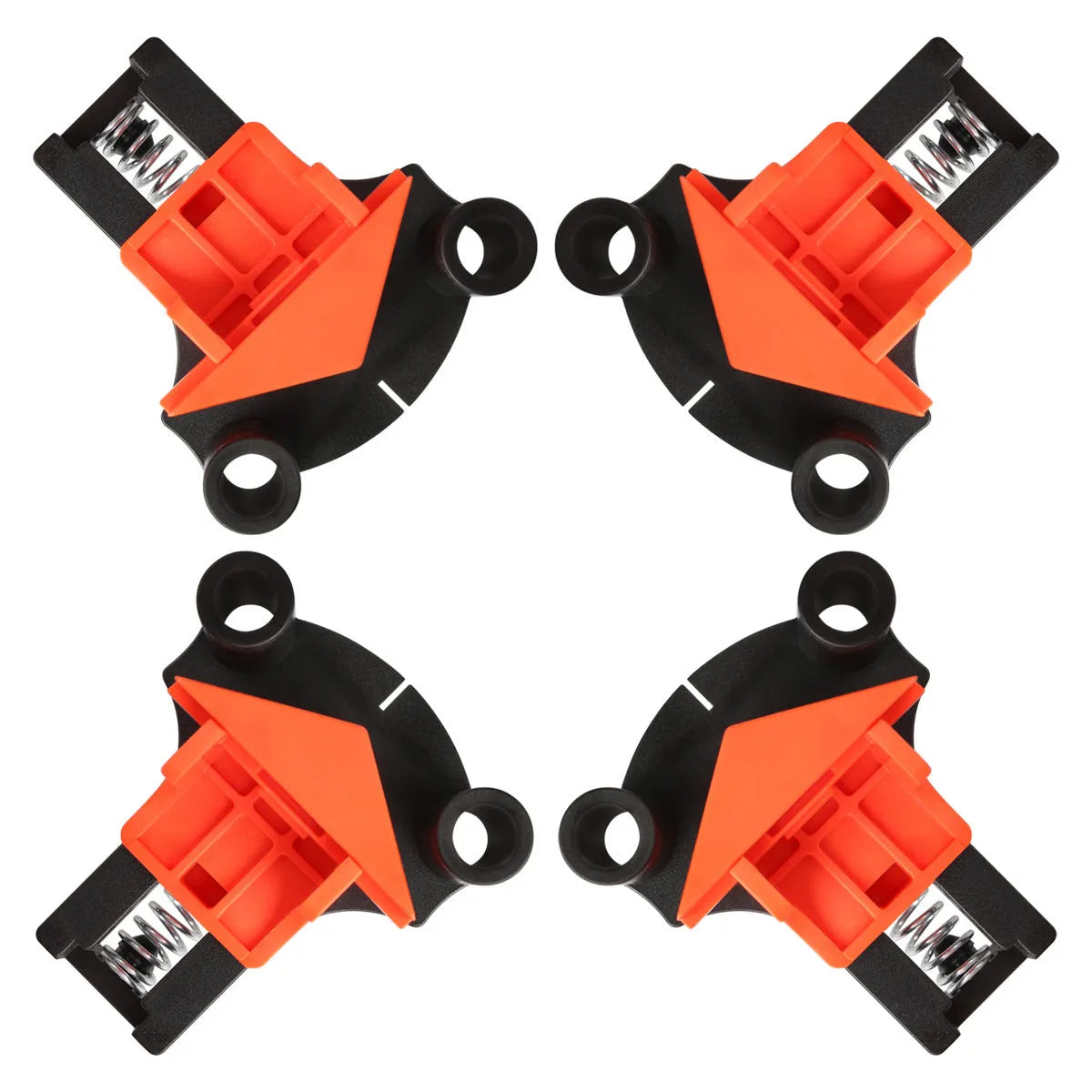 Set of four plastic right-angle clamps for woodworking and picture frame assembly.