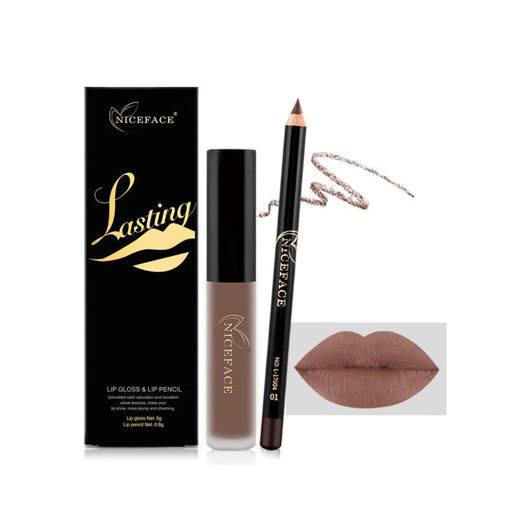Matte lip gloss and freestyle lip pencil set in 12 colours with non-stick cup fade resistant formula
