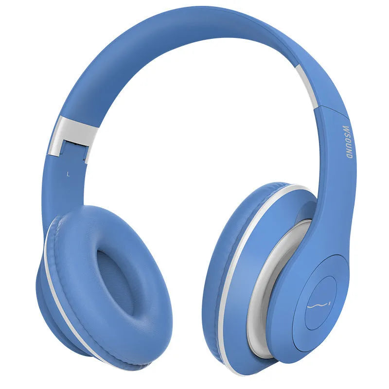 Blue and red wireless Bluetooth stereo headset showing single and double ear wearing configurations