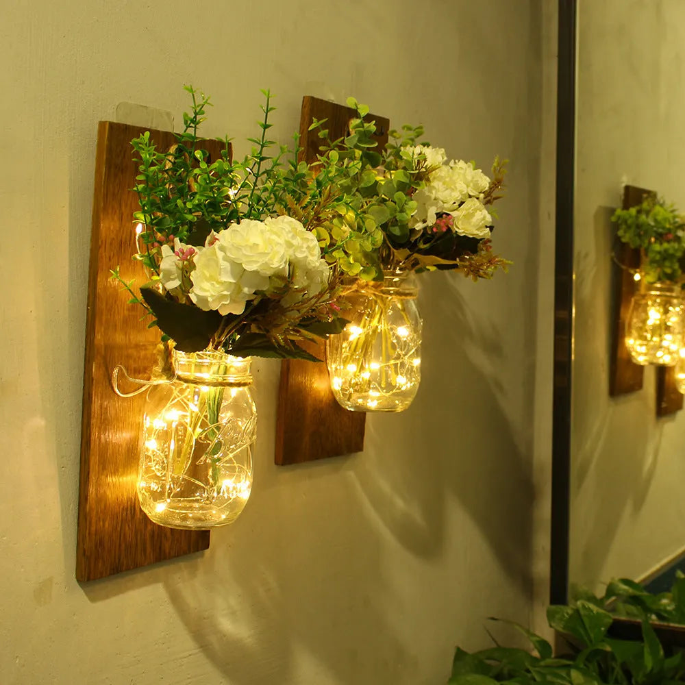 White LED petal wood wall lamp with glass shade on a wall, European modern style