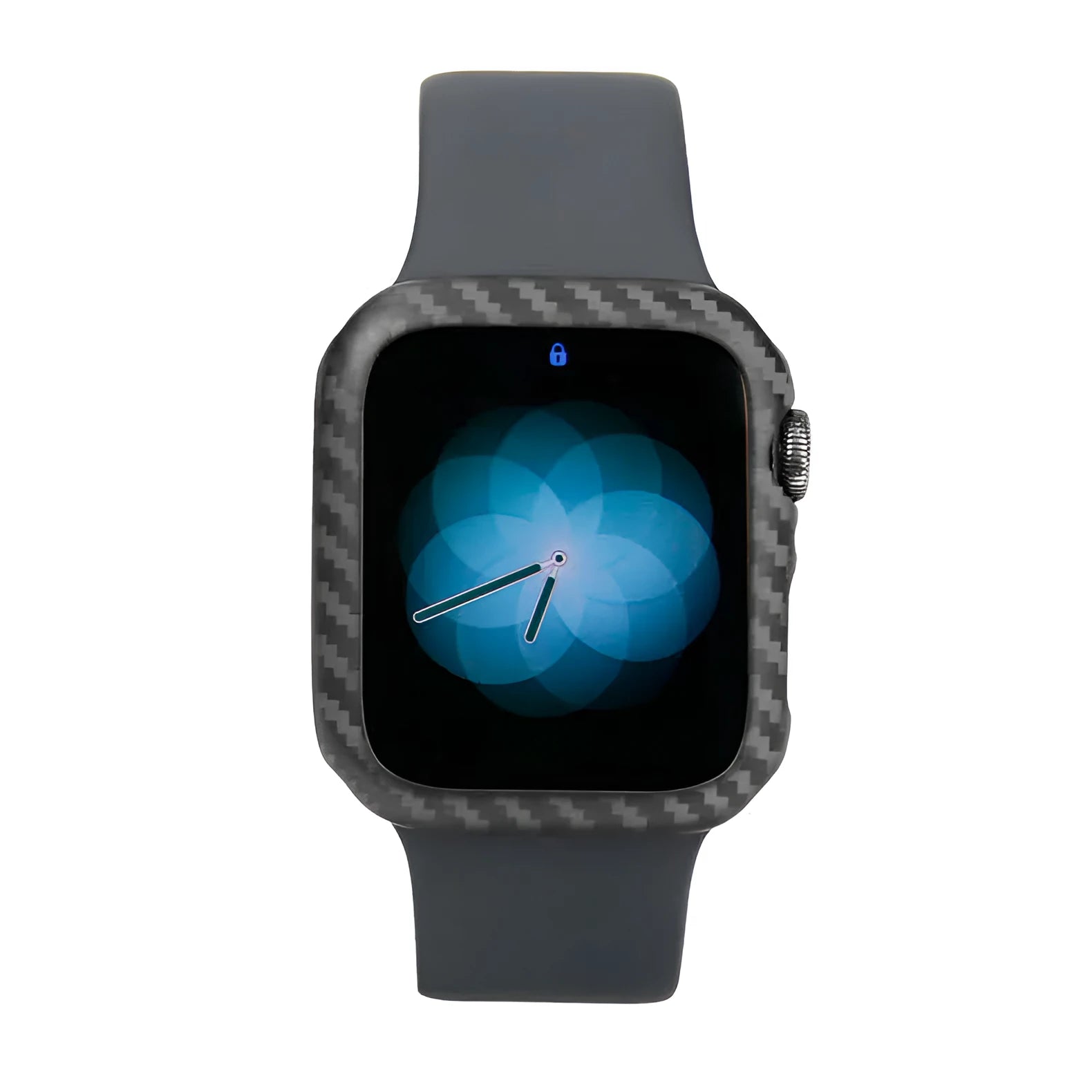 Apple Watch 4 carbon fibre half wrap leather case in 44mm size showing bright black and matt black colour options